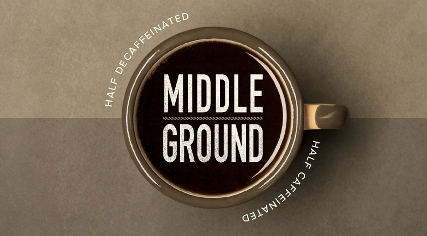 Peet's Coffee Middle Ground Medium Roast coffee. A blend of decaffinated and regular coffee. Bird's eye view of a mug of black coffee. 