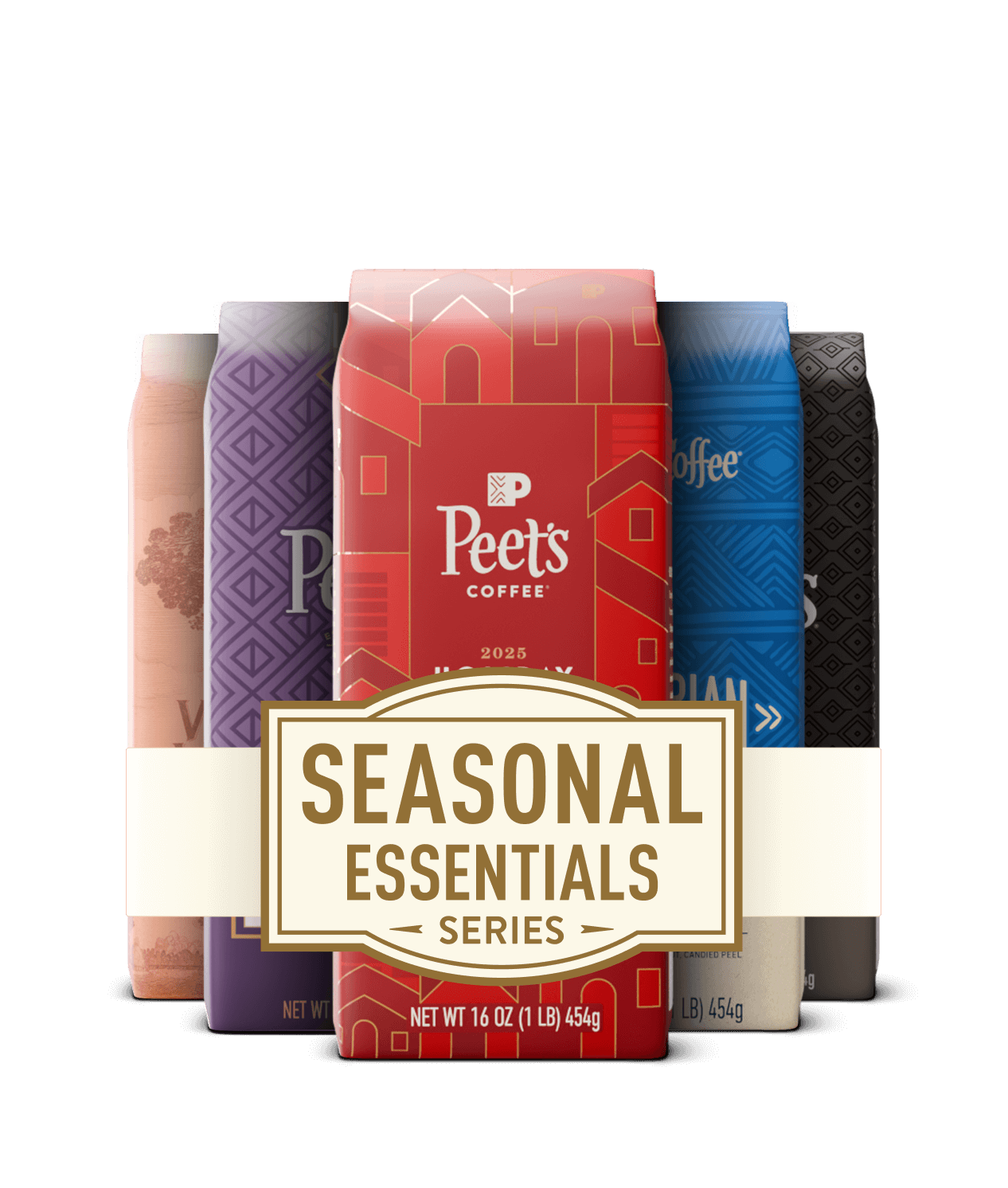 Peet's Coffee seasonal essentials series packaging on a black background