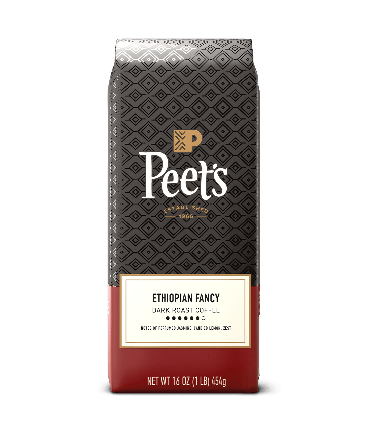 Peet's Ethiopian Fancy Coffee bag with black and red design on a transparent background
