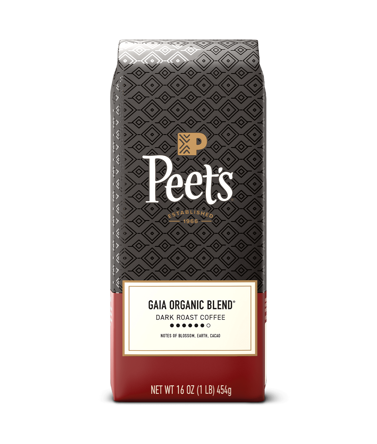Peet's Coffee gaia organic blend bag with a black and red design on a green background
