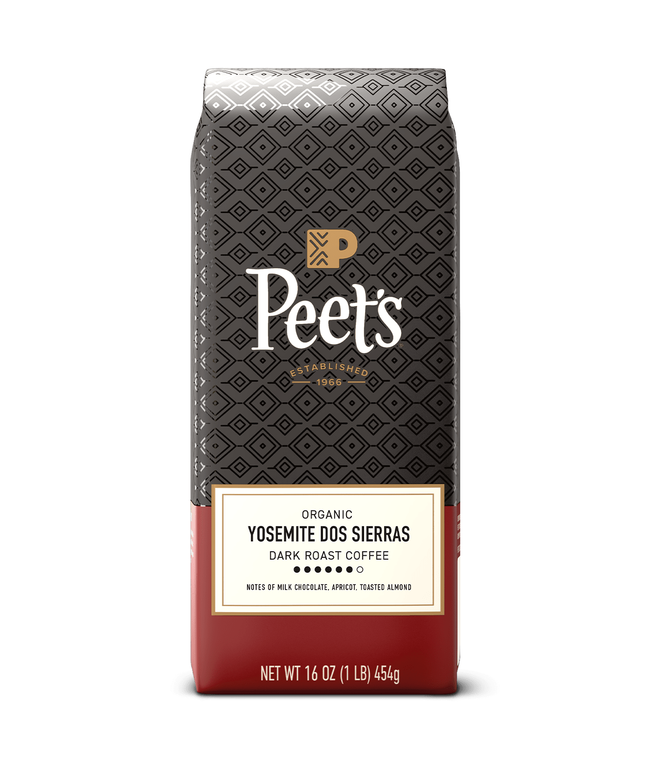 Peet's coffee Yosemite dos sierras bag with a black and red design on a green background