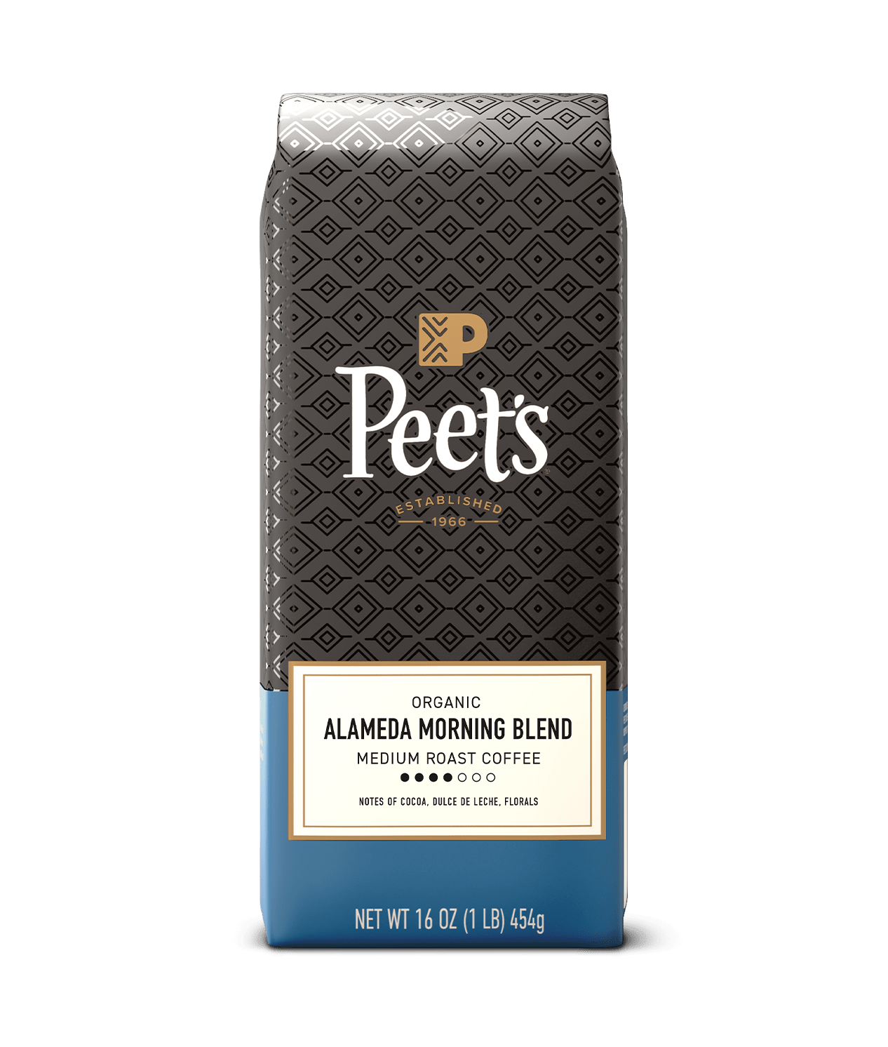Peet's Coffee bag with a black and blue design on a green background
