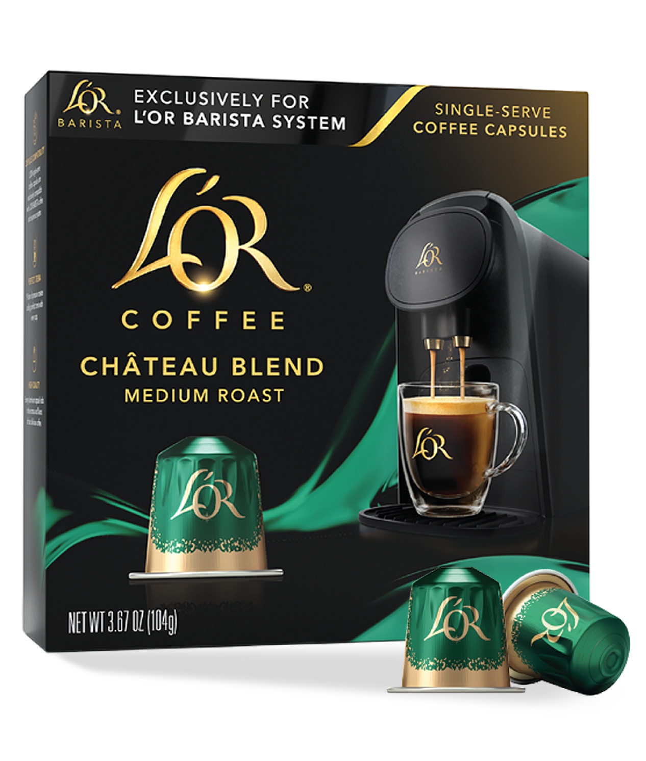 LöR Coffee Château Blend packaging with coffee capsule and coffee machine illustration.