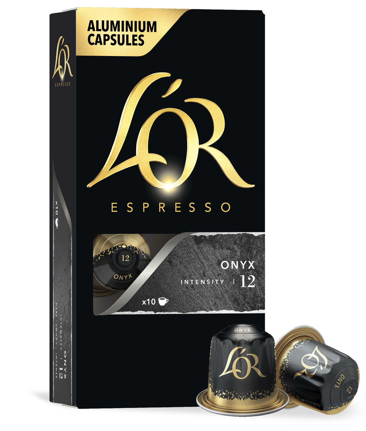 LöR Espresso aluminium capsules packaging with two capsules on a white background