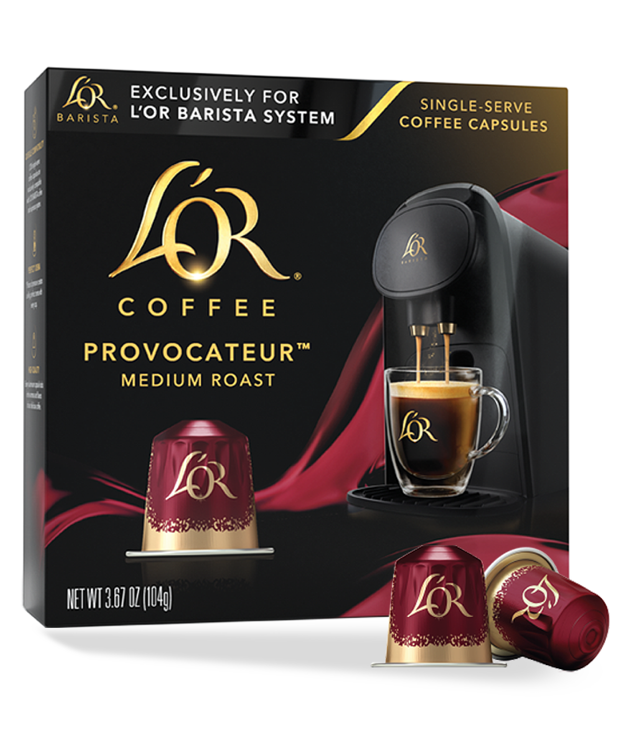 Lor Coffee Provocateur packaging with coffee capsule and machine illustration.